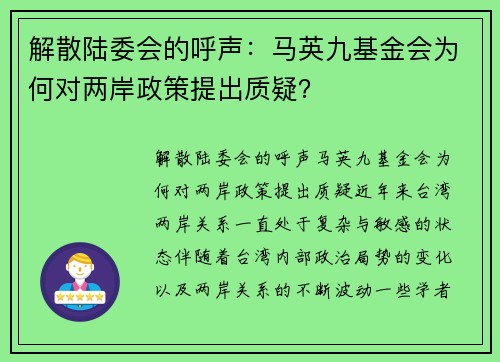 解散陆委会的呼声：马英九基金会为何对两岸政策提出质疑？