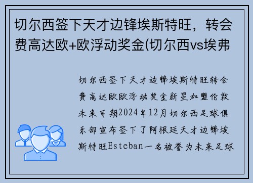 切尔西签下天才边锋埃斯特旺，转会费高达欧+欧浮动奖金(切尔西vs埃弗顿预测)