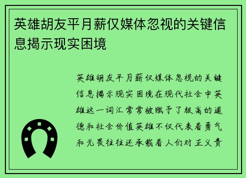 英雄胡友平月薪仅媒体忽视的关键信息揭示现实困境
