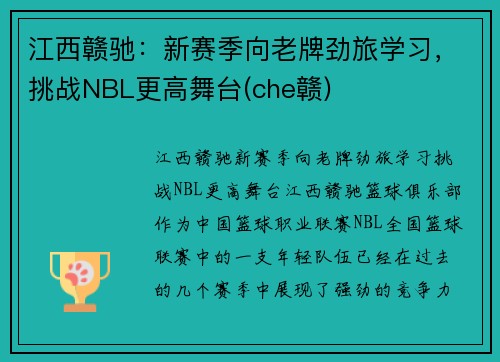 江西赣驰：新赛季向老牌劲旅学习，挑战NBL更高舞台(che赣)