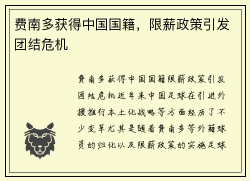 费南多获得中国国籍，限薪政策引发团结危机
