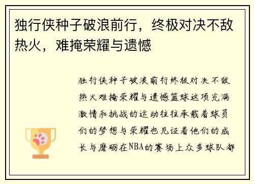 独行侠种子破浪前行，终极对决不敌热火，难掩荣耀与遗憾