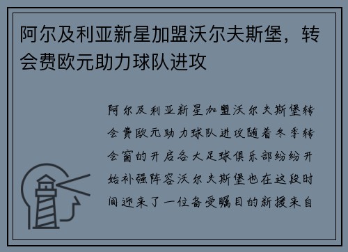 阿尔及利亚新星加盟沃尔夫斯堡，转会费欧元助力球队进攻