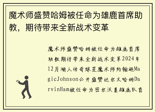 魔术师盛赞哈姆被任命为雄鹿首席助教，期待带来全新战术变革